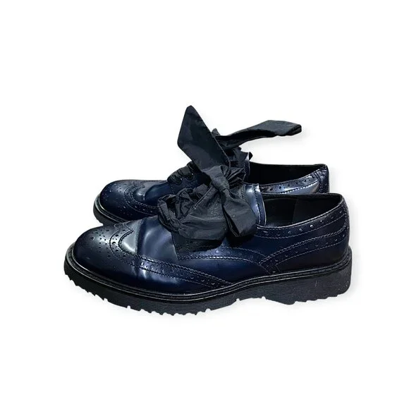 Prada Wingtip Oxford Ribbon Tie Shoes Navy Calf Leather 38.5 Early 2000s - Picture 5 of 11